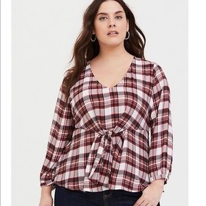 Torrid Red Plaid Georgette Tie Front Blouse